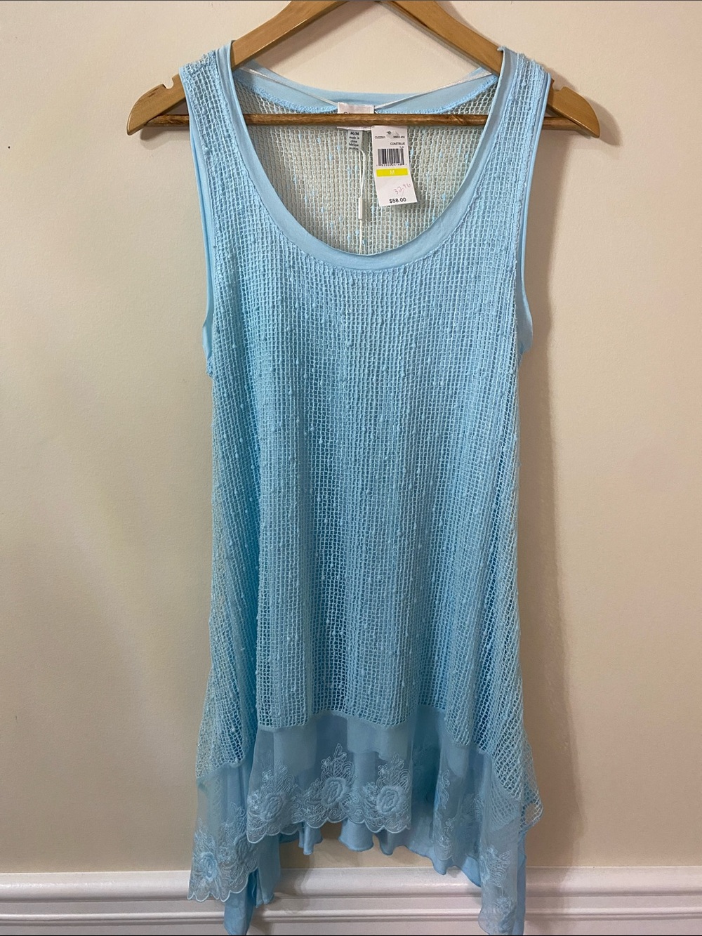 Cupio Baby Blue Sleeveless Mesh Tunic with Lace Trim